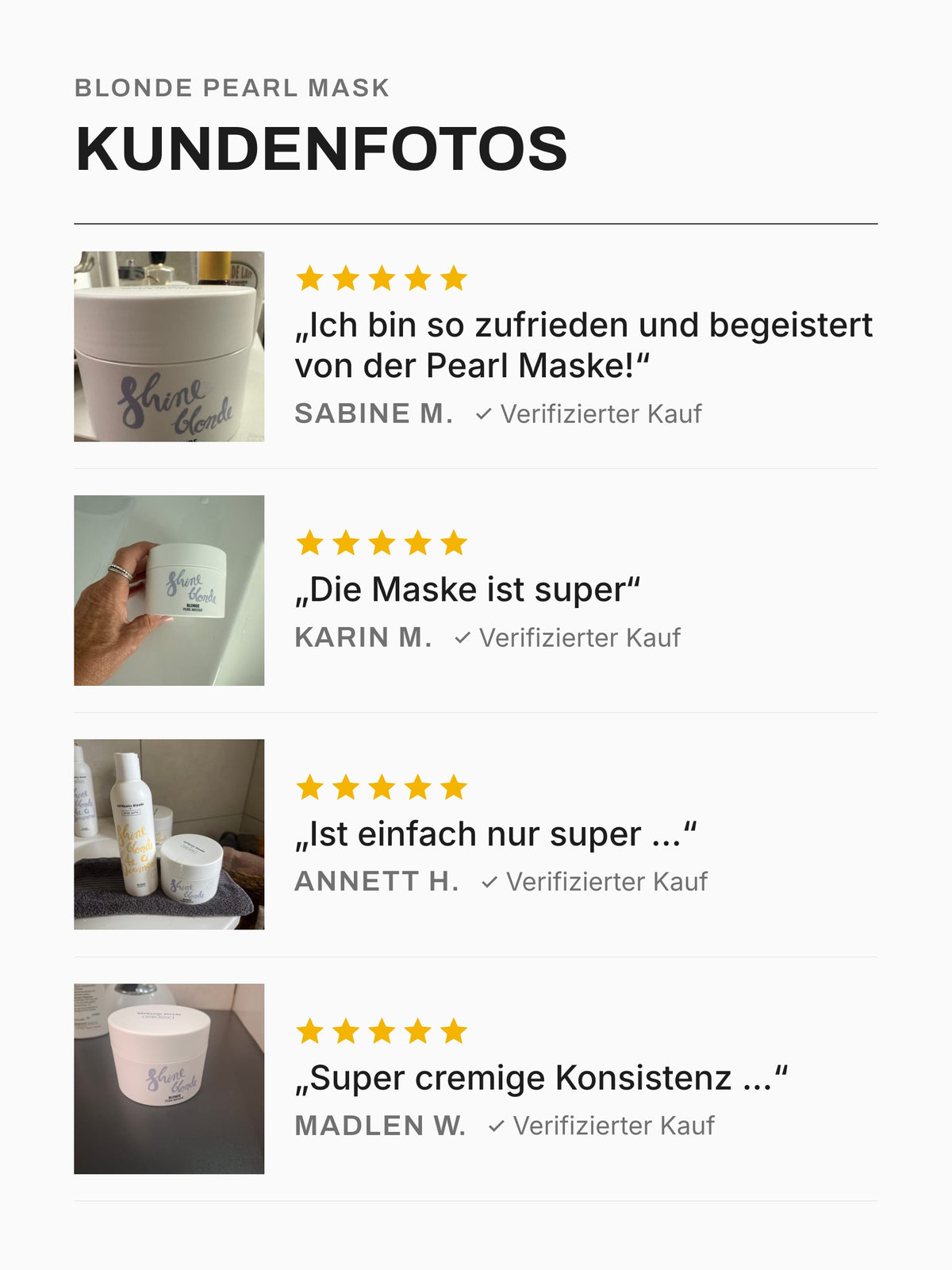 Kundenfotos und Stimmen zur Blonde Pearl Mask: vier Bewertungen mit Foto, je 5 von 5 Sternen, Teil 1/2