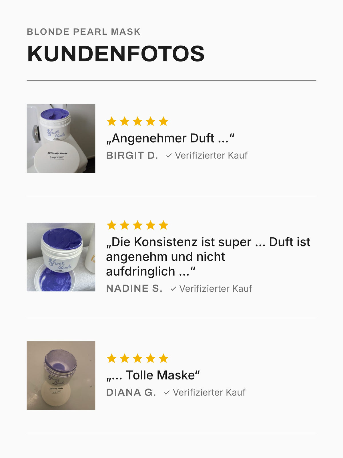 Kundenfotos und Stimmen zur Blonde Pearl Mask: drei Bewertungen mit Foto, je 5 von 5 Sternen, Teil 2/2