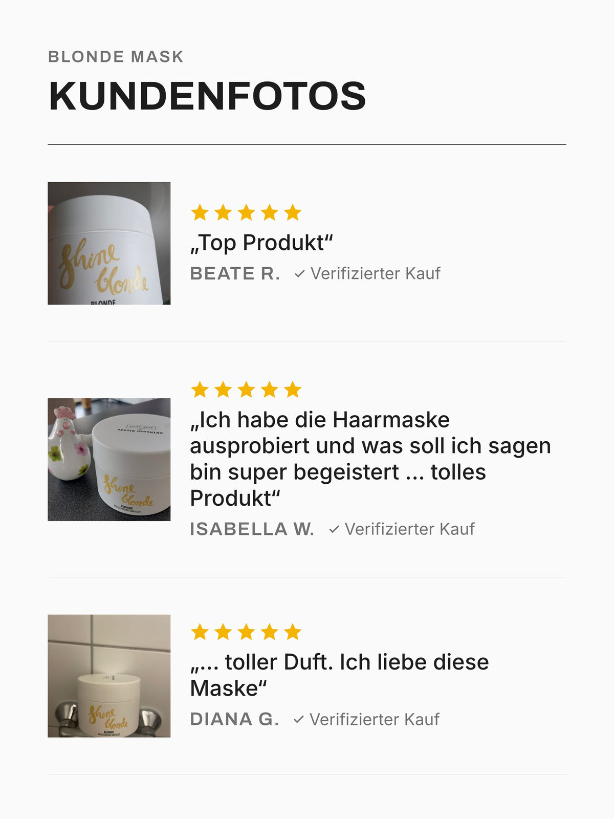 Kundenfotos und Stimmen zur Blonde Mask: drei Bewertungen mit Foto, je 5 von 5 Sternen