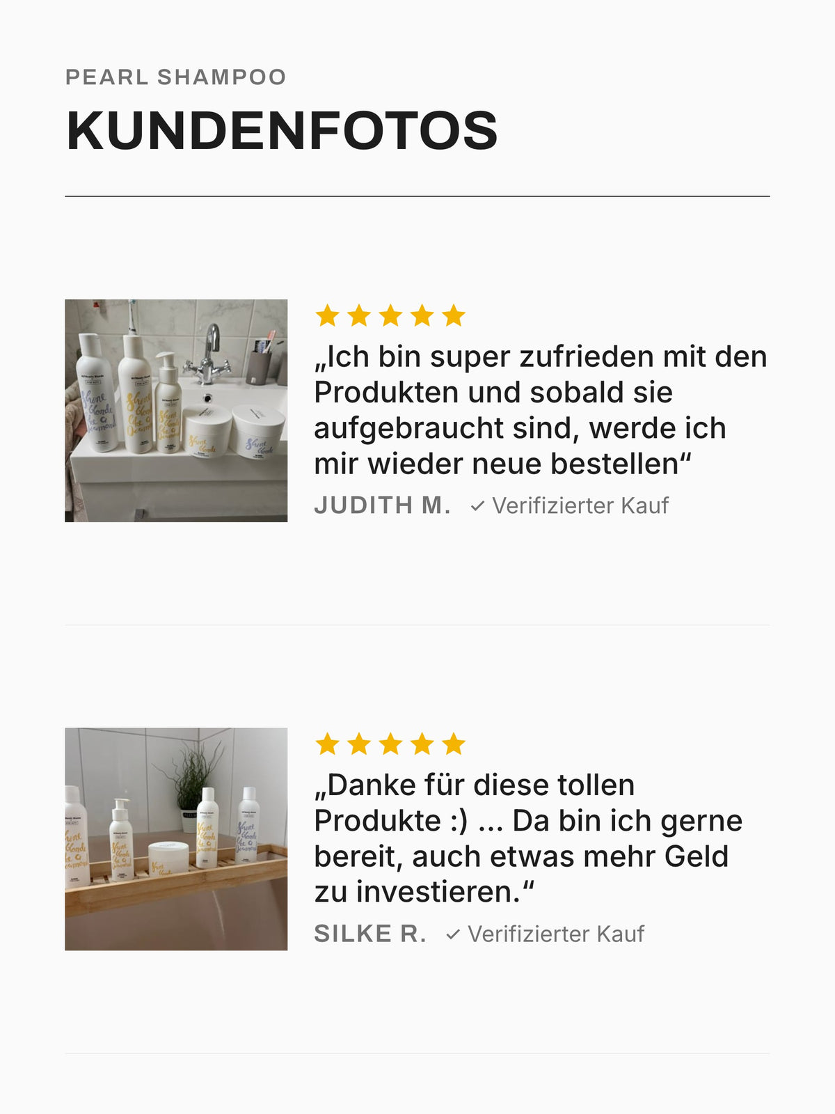 Kundenfotos und Stimmen zum Pearl Shampoo: zwei Bewertungen mit Foto, je 5 von 5 Sternen, Teil 2/2
